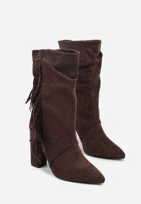 Born2be - Brązowe Botki w Stylu Kowbojek na Obcasie Ozdobione Frędzlami Reitania. Okazja: na co dzień. Kolor: brązowy. Materiał: jeans. Wzór: aplikacja. Obcas: na obcasie. Styl: casual, klasyczny. Wysokość obcasa: średni #4