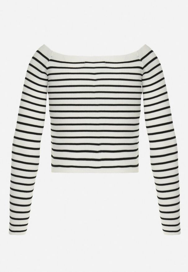 Born2be - Biało-Czarna Bluzka Hiszpanka w Paski Mardana. Typ kołnierza: dekolt hiszpanka. Kolor: biały. Materiał: wiskoza, bawełna, dzianina. Długość: długie. Wzór: paski