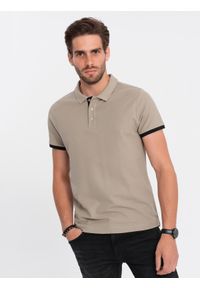 Ombre Clothing - Bawełniana koszulka męska polo z kontrastowymi wykończeniami – ciemnobeżowa V5 OM-POSS-0113 - XXL. Typ kołnierza: polo. Kolor: beżowy. Materiał: bawełna. Wzór: haft #5
