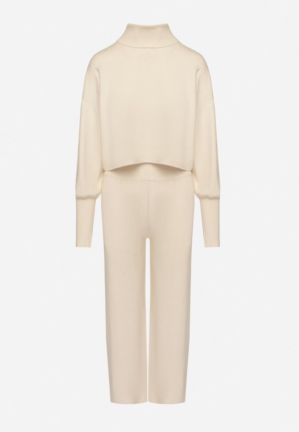 Born2be - Beżowy Komplet Dzianinowy z Wiskozą Bluza Golf ze Ściągaczami i Szerokie Spodnie Noridra. Kolor: beżowy. Materiał: dzianina, wiskoza