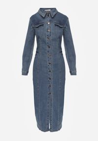 Born2be - Niebieska Jeansowa Sukienka Koszulowa o Taliowanym Kroju Neveala. Okazja: na co dzień. Kolor: niebieski. Materiał: jeans. Typ sukienki: koszulowe. Styl: casual, klasyczny. Długość: midi #3