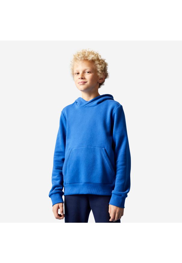 DOMYOS - Bluza dziecięca Domyos z kapturem. Typ kołnierza: kaptur. Kolekcja: plus size. Kolor: niebieski. Materiał: materiał, bawełna. Sport: joga i pilates