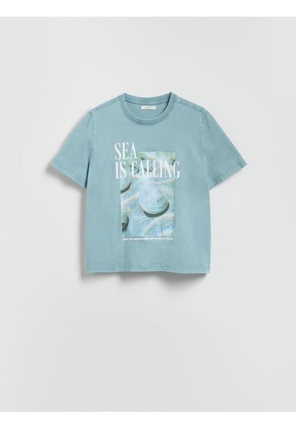 Reserved - T-shirt z nadrukiem - jasnoturkusowy. Kolor: turkusowy. Materiał: dzianina, bawełna. Wzór: nadruk