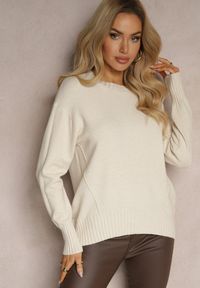 Renee - Jasnobeżowy Casualowy Sweter z Wiskozą i Modalem ze Ściągaczami Riviti. Okazja: na co dzień. Kolor: beżowy. Materiał: wiskoza. Styl: casual
