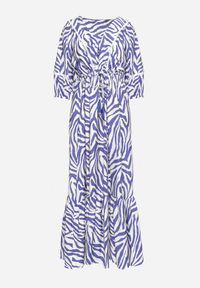 Born2be - Granatowa Sukienka z Bawełny i Wiskozy w Abstrakcyjne Paski ze Sznurkiem w Talii Navarae. Okazja: na co dzień. Kolor: niebieski. Materiał: bawełna, wiskoza. Wzór: paski. Typ sukienki: proste. Styl: wizytowy, casual #3