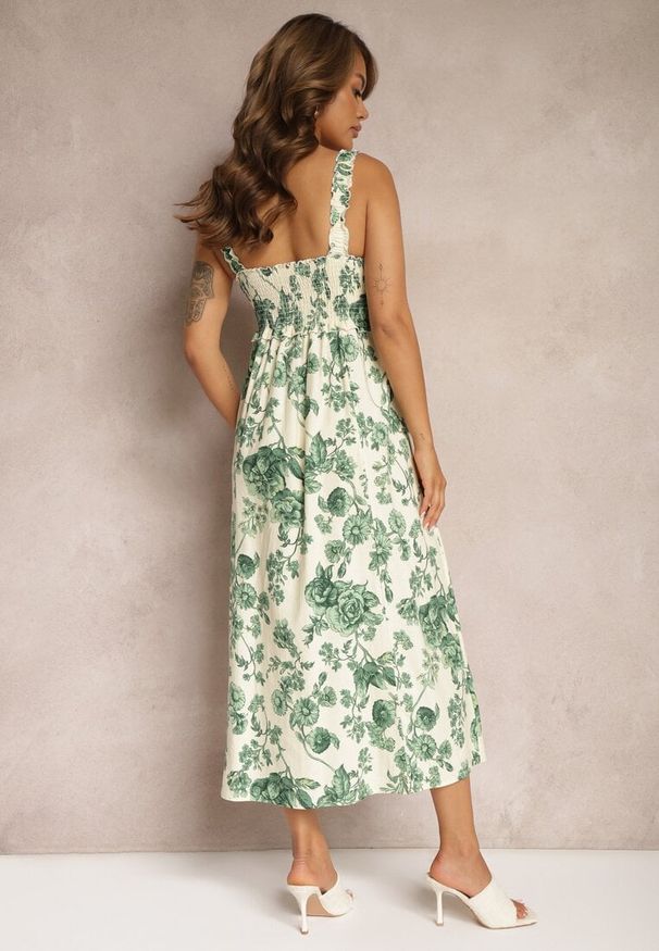 Renee - Biało-Zielona Sukienka z Bawełny na Ramiączkach z Gumką w Pasie i Ozdobnym Rozcięciem na Nogę Dimrrou. Okazja: na spacer, na plażę. Typ kołnierza: dekolt kwadratowy. Kolor: biały. Materiał: bawełna. Długość rękawa: na ramiączkach. Sezon: lato. Styl: elegancki, wakacyjny