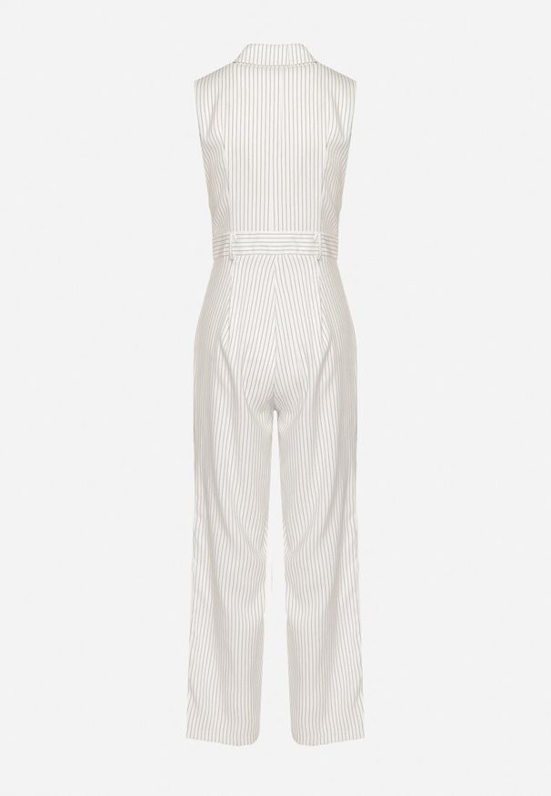 Born2be - Biały Kombinezon w Garniturowym Stylu w Drobne Paski Sarisse. Okazja: na co dzień, na spacer. Kolor: biały. Wzór: paski. Styl: casual, elegancki, klasyczny