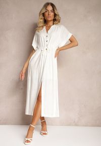 Renee - Biała Sukienka z Bawełny z Górą o Koszulowym Kroju Ściągana w Pasie Viklia. Okazja: na co dzień. Typ kołnierza: dekolt w kształcie V. Kolor: biały. Materiał: bawełna. Wzór: aplikacja. Typ sukienki: koszulowe. Styl: casual, elegancki