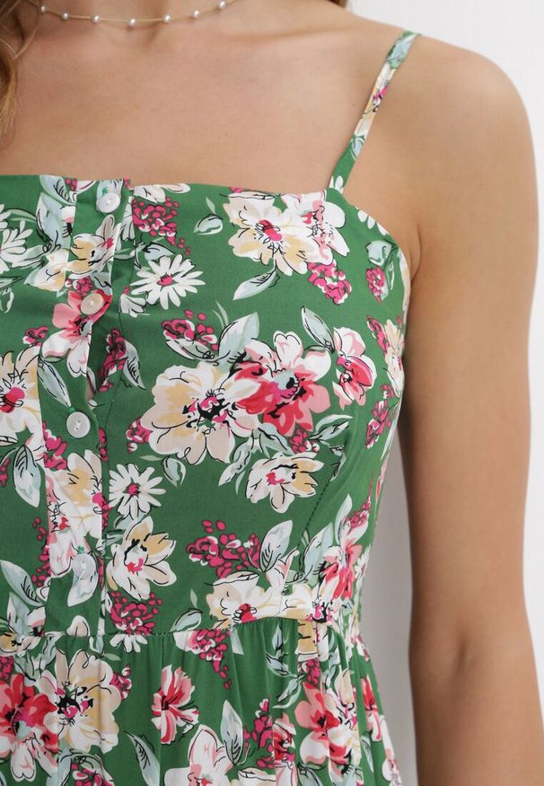 Born2be - Zielona Sukienka na Cienkich Ramiączkach z Wiskozy w Kwiaty Kimball. Kolor: zielony. Materiał: wiskoza. Długość rękawa: na ramiączkach. Wzór: kwiaty