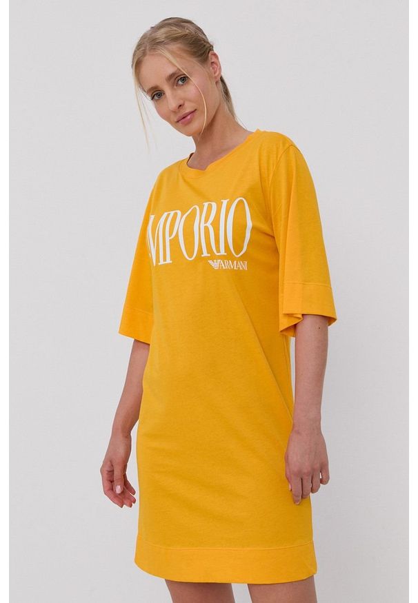 Emporio Armani Underwear - Emporio Armani - Sukienka plażowa. Okazja: na plażę, na co dzień. Kolor: żółty. Materiał: dzianina. Wzór: nadruk. Typ sukienki: proste. Styl: casual. Długość: mini