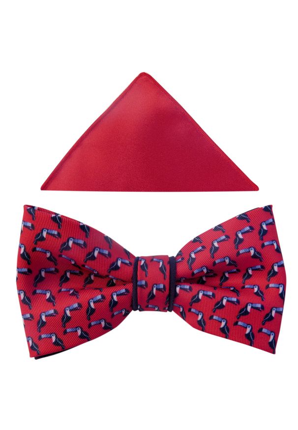 Modini - Czerwona mucha męska w tukany A271. Kolor: czerwony. Materiał: poliester, tkanina. Wzór: kropki. Styl: elegancki