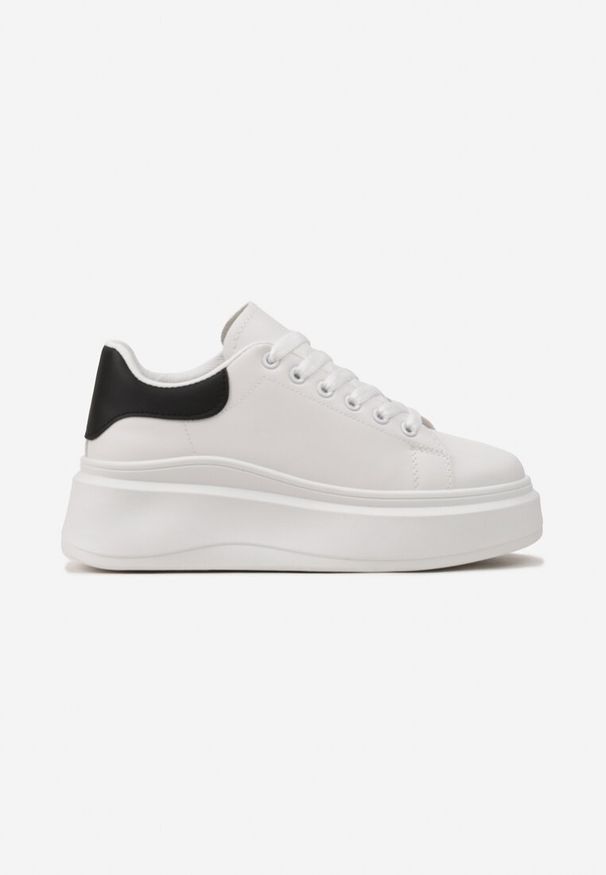 Born2be - Biało-Czarne Gładkie Sneakersy z Ekoskóry na Grubej Podeszwie ze Sznurowaniem Avara. Kolor: czarny. Wzór: gładki. Obcas: na platformie