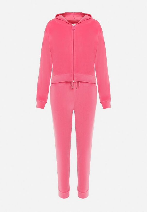 Born2be - Fuksjowy Welurowy Komplet Dresowy Bluza z Kapturem i Spodnie Petyra. Kolor: różowy. Materiał: welur, dresówka. Wzór: jednolity