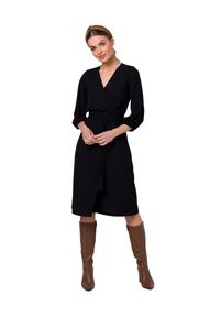 Stylove - Sukienka elegancka kopertowa z bufiastymi rękawami czarna. Okazja: do pracy. Kolor: czarny. Typ sukienki: kopertowe. Styl: elegancki #2