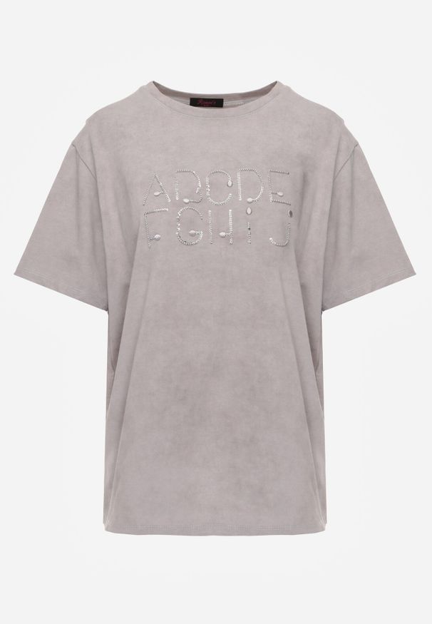 Born2be - Szary Oversizowy T-shirt z Bawełny Zdobiony Haftem z Cekinami Pidella. Okazja: na co dzień. Kolor: szary. Materiał: bawełna. Wzór: aplikacja, haft. Styl: elegancki, casual