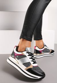 Renee - Czarne Sneakersy Ozdobione Brokatem i Kolorowymi Wstawkami Veradis. Kolor: czarny. Wzór: kolorowy, aplikacja
