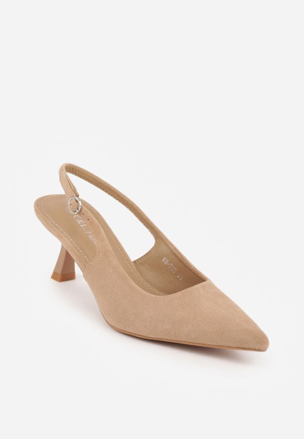Renee - Ciemnobeżowe Czółenka Slingback na Kaczuszce z Imitacji Zamszu Mairiko. Nosek buta: szpiczasty. Zapięcie: sprzączka. Kolor: beżowy. Materiał: zamsz. Sezon: lato. Obcas: na szpilce. Wysokość obcasa: średni