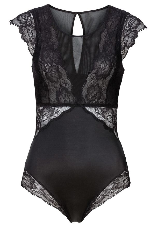 bonprix - Body bez fiszbinów z delikatną koronką. Kolor: czarny. Materiał: poliamid, koronka. Wzór: koronka