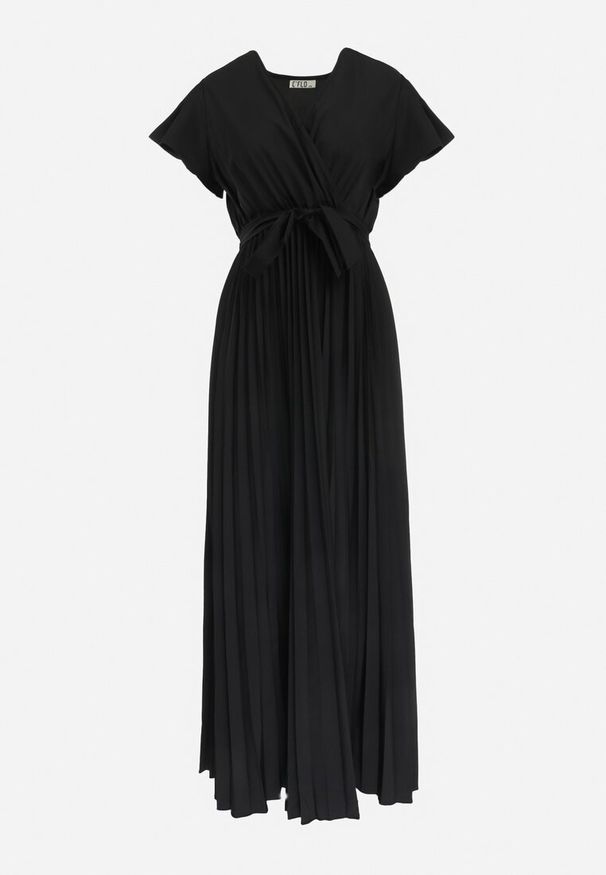 Born2be - Czarna Elegancka Sukienka Maxi w Plisy z Kopertowym Dekoltem i Wiązaniem Thessi. Kolor: czarny. Sezon: lato. Typ sukienki: kopertowe. Styl: elegancki. Długość: maxi