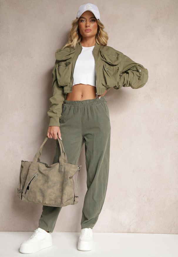Renee - Ciemnozielone Spodnie z Bawełny High Waist Galili. Okazja: na co dzień. Stan: podwyższony. Kolor: zielony. Materiał: bawełna. Styl: klasyczny, elegancki, casual