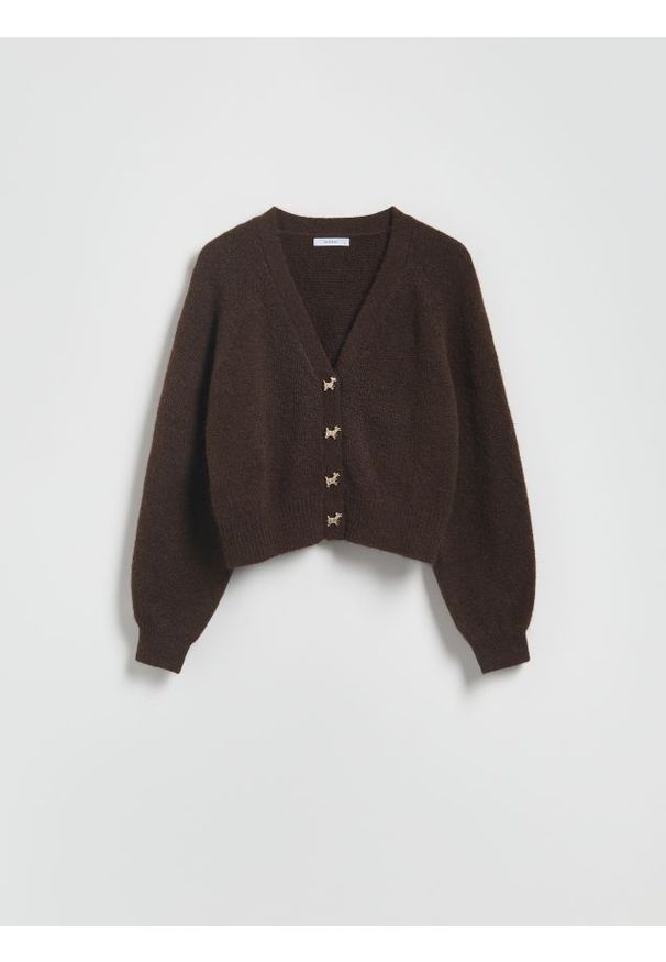Reserved - Kardigan z ozdobnymi guzikami - brązowy. Kolor: brązowy. Materiał: dzianina, wełna