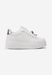 Born2be - Biało-Srebrne Sneakersy Helvira. Kolor: biały. Materiał: materiał. Szerokość cholewki: normalna. Wzór: aplikacja #5