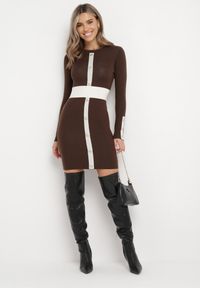 Born2be - Brązowa Sweterkowa Sukienka Mini Liena. Kolor: brązowy. Materiał: tkanina, dzianina. Wzór: aplikacja. Długość: mini #2