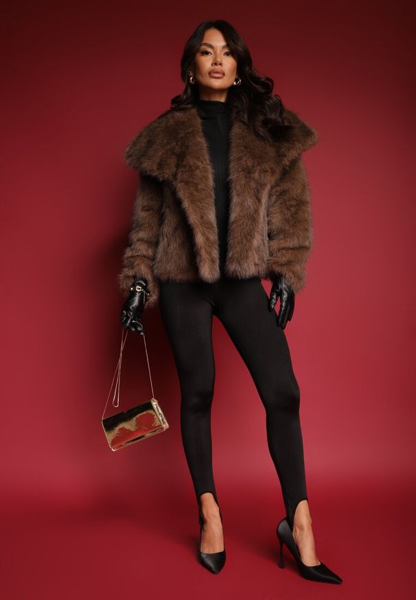 Renee - Brązowa Kurtka ze Sztucznego Futra Ozdobiona Kołnierzem Meriian. Okazja: na co dzień, do pracy, na imprezę. Kolor: brązowy. Materiał: futro. Długość: długie. Wzór: aplikacja. Styl: casual, elegancki