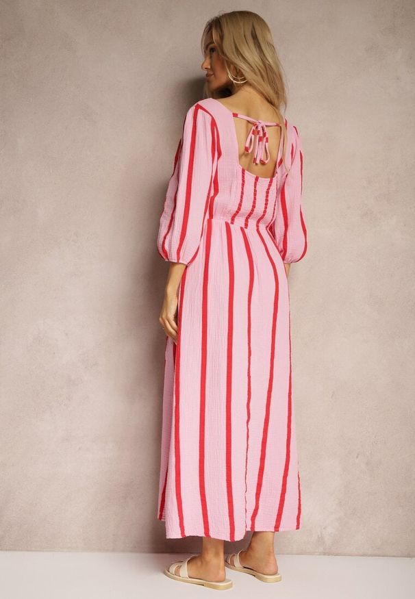 Renee - Różowo-Pomarańczowa Bawełniana Sukienka w Paski o Rozkloszowanym Kroju Legelia. Kolor: różowy. Materiał: bawełna. Wzór: paski. Typ sukienki: rozkloszowane