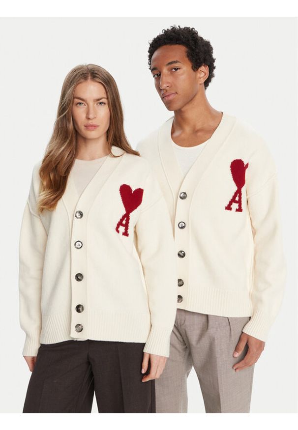 AMI PARIS - AMI Paris Kardigan BFUKC006.018 Écru Regular Fit. Materiał: wełna