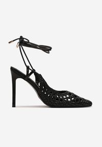 Renee - Czarne Plecione Sandały Wiązane wokół Kostki na Szpilce Lathalin. Kolor: czarny. Szerokość cholewki: normalna. Wzór: aplikacja. Sezon: lato. Obcas: na szpilce #2