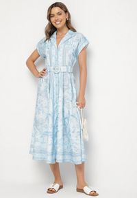 Born2be - Niebieska Rozkloszowana Sukienka Koszulowa z Lnu i Wiskozy z Paskiem Alumera. Typ kołnierza: dekolt w serek, kołnierzyk klasyczny. Kolor: niebieski. Materiał: len, wiskoza. Typ sukienki: koszulowe. Styl: klasyczny #5