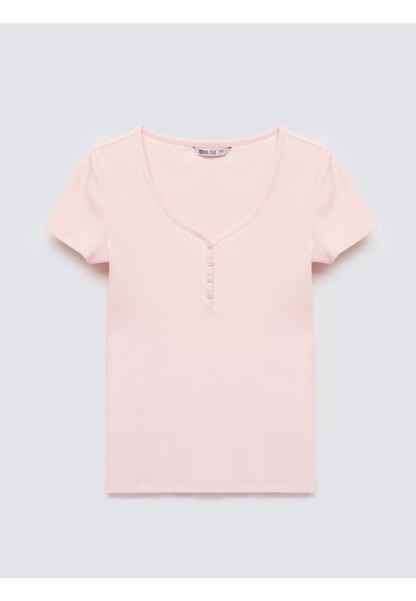 Big-Star - Koszulka damska slim w prążek różowa Minsa 600. Kolor: różowy. Materiał: prążkowany, dzianina, materiał. Wzór: prążki. Styl: elegancki