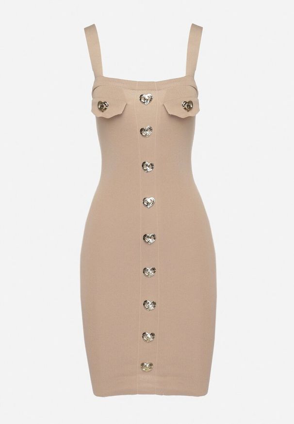 Born2be - Beżowa Sukienka z Prążkowanej Dzianiny z Ozdobnymi Guzikami Oledia. Kolor: beżowy. Materiał: dzianina, prążkowany. Długość rękawa: na ramiączkach. Styl: elegancki