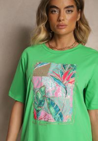 Renee - Zielony T-shirt z Bawełny Ozdobiony Brokatem Isadelle. Okazja: na co dzień. Kolor: zielony. Materiał: bawełna. Wzór: aplikacja. Styl: klasyczny, casual