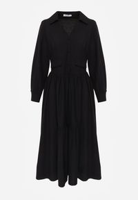 Renee - Czarna Rozkloszowana Sukienka Koszulowa z Bawełny i Wiskozy Zdobiona Klapami Gleta. Okazja: na co dzień. Kolor: czarny. Materiał: wiskoza, bawełna. Wzór: aplikacja. Typ sukienki: koszulowe. Styl: elegancki, casual #5