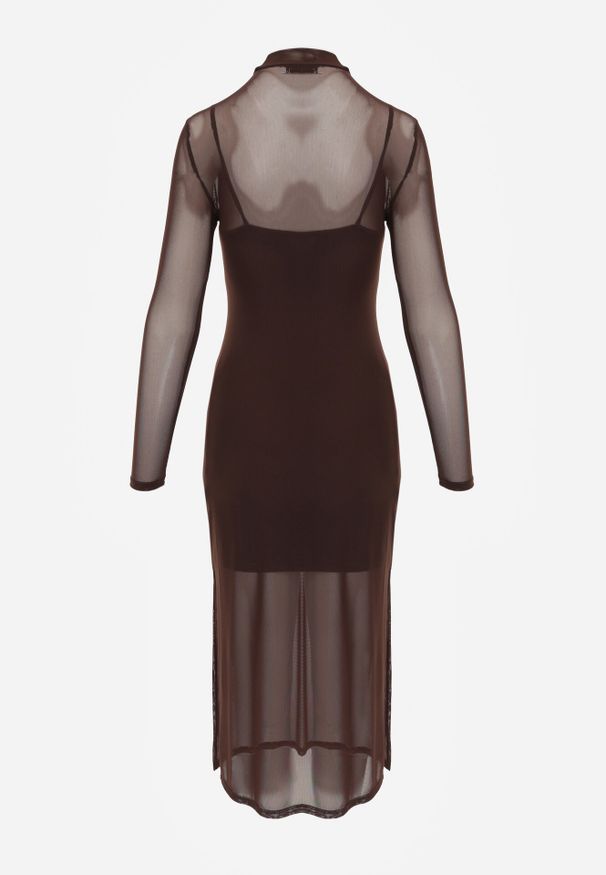 Born2be - Brązowa Prześwitująca Sukienka Siateczkowa z Halką Kuma. Okazja: na co dzień. Kolor: brązowy. Materiał: jeans, wiskoza. Długość rękawa: na ramiączkach. Typ sukienki: proste. Styl: casual, klasyczny, elegancki