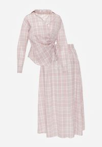 Renee - Różowy Bawełniany Komplet Rozkloszowana Spódnica i Bluzka z Wiązaniem Allisa. Kolor: różowy. Materiał: bawełna. Wzór: kratka #7