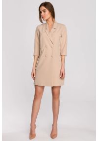 Stylove - Elegancka sukienka marynarkowa z paskiem beżowa. Okazja: na co dzień. Kolor: beżowy. Materiał: poliester, elastan, wiskoza. Typ sukienki: proste. Styl: elegancki #2