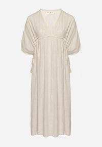 Born2be - Beżowa Wiskozowa Sukienka z Lnem o Nietoperzowym Kroju z Wiązaniem Tolureia. Okazja: na co dzień. Typ kołnierza: dekolt w serek. Kolor: beżowy. Materiał: len, wiskoza. Styl: casual, elegancki #3