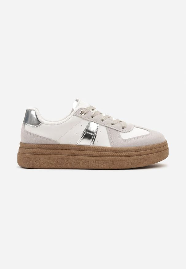 Born2be - Szaro-Srebrne Sneakersy na Niskiej Platformie z Materiałowymi Wstawkami Xeonbia. Kolor: biały, srebrny. Materiał: materiał. Obcas: na platformie