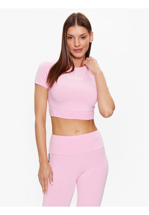 Guess Top V3RP16 KABR0 Różowy Slim Fit. Kolor: różowy. Materiał: bawełna, syntetyk