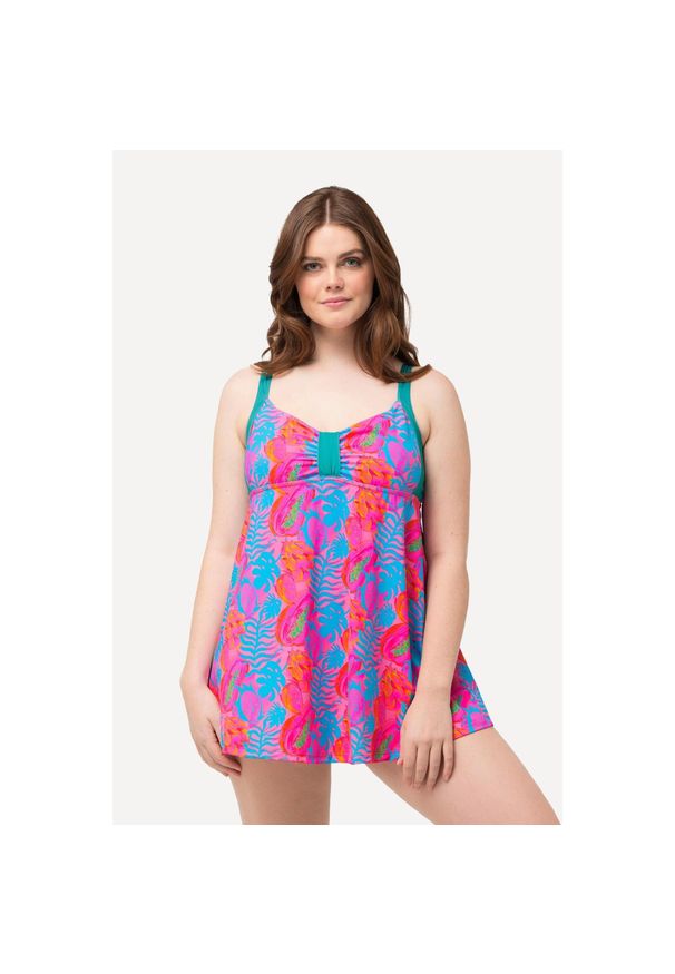 ULLA POPKEN - Damska Sukienka Kąpielowa neonowy nadruk w liście miękkie miseczki. Kolekcja: plus size. Kolor: niebieski. Materiał: poliester, elastan, poliamid, materiał. Wzór: nadruk