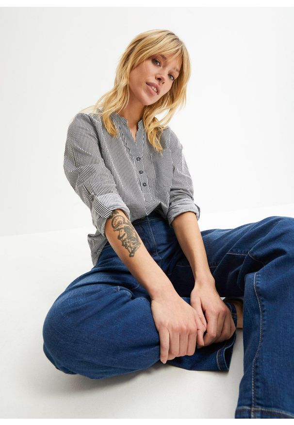 bonprix - Tunika bawełniana. Typ kołnierza: kołnierzyk stójkowy. Kolor: niebieski. Materiał: bawełna