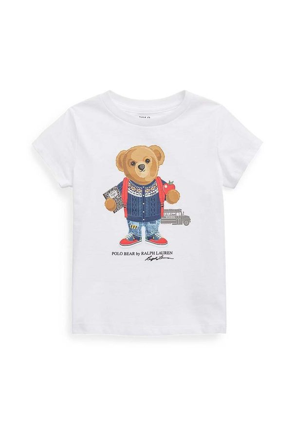 Polo Ralph Lauren t-shirt bawełniany dziecięcy kolor biały. Typ kołnierza: polo. Kolor: biały. Materiał: bawełna. Długość rękawa: krótki rękaw. Długość: krótkie. Wzór: nadruk