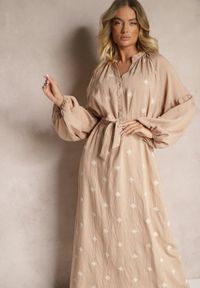 Renee - Beżowa Sukienka z Wiskozy Oversize Ozdobiona Haftem Venalari. Okazja: na co dzień, na spacer. Kolor: beżowy. Materiał: wiskoza. Wzór: aplikacja, haft. Sezon: lato, wiosna. Typ sukienki: oversize. Styl: klasyczny, elegancki, casual #3
