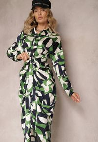 Renee - Zielona Koszulowa Sukienka Midi z Wiązanym Paskiem Elandrialia. Kolor: zielony. Materiał: materiał. Długość rękawa: długi rękaw. Typ sukienki: koszulowe. Długość: midi #1