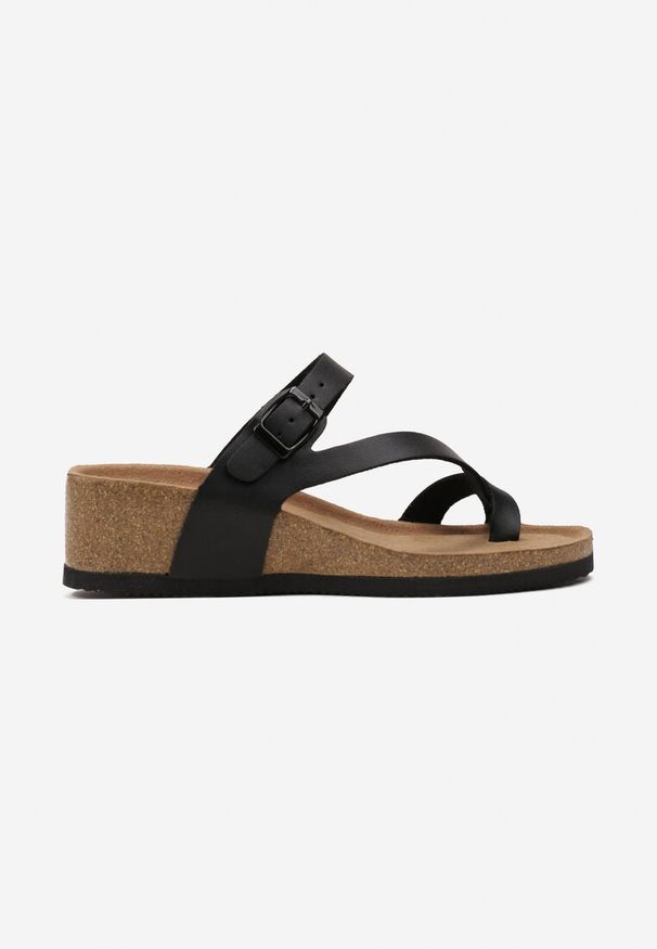 Renee - Czarne Klapki Japonki Loop Toe z Ekoskóry na Koturnie Humia. Okazja: na spacer. Kolor: czarny. Sezon: lato. Obcas: na koturnie. Styl: klasyczny