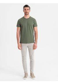 Ombre Clothing - Koszulka męska dzianinowa z nadrukiem full print – oliwkowa V2 OM-TSFP-0250 - XXL. Okazja: na co dzień. Kolor: oliwkowy. Materiał: dzianina. Długość rękawa: krótki rękaw. Długość: krótkie. Wzór: nadruk. Styl: klasyczny, casual