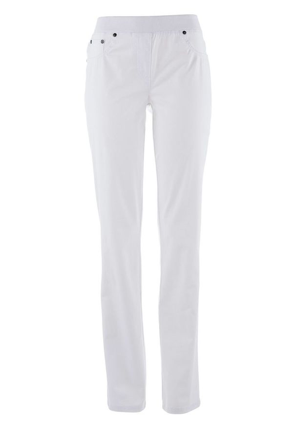 Spodnie bawełniane z wygodnym paskiem, STRAIGHT bonprix biały. Kolor: biały. Materiał: bawełna. Wzór: prążki
